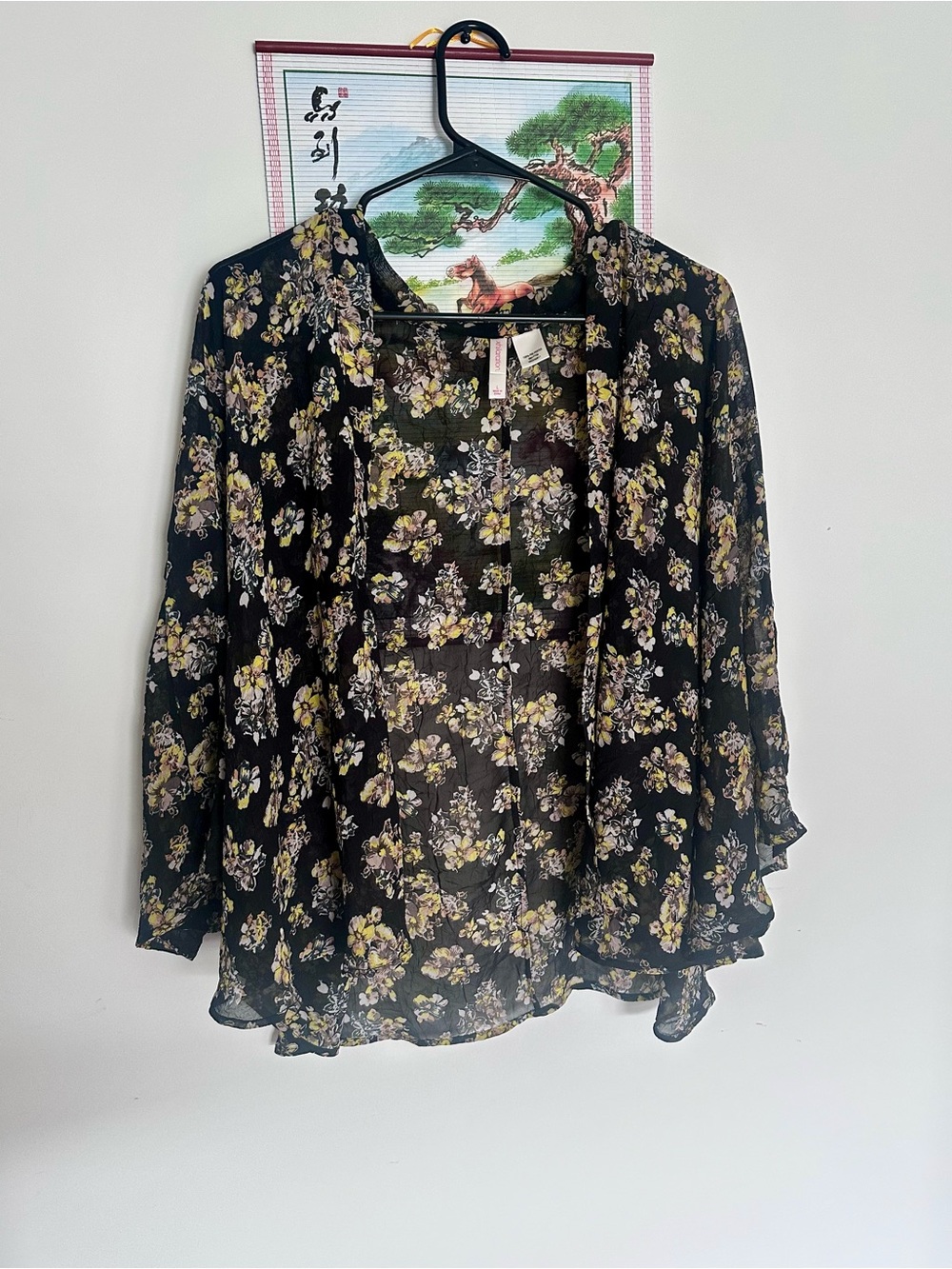 Xhilaration Black Sheer Floral Button-Front Blouse with Yellow Print